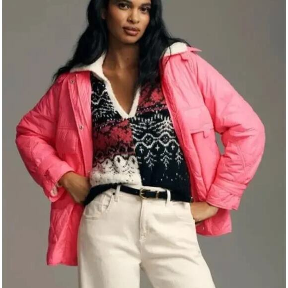 ANTHROPOLOGIE Lightweight Quilted Shacket Jacket Hot Pink Sz S {3S9} - Picture 1 of 7